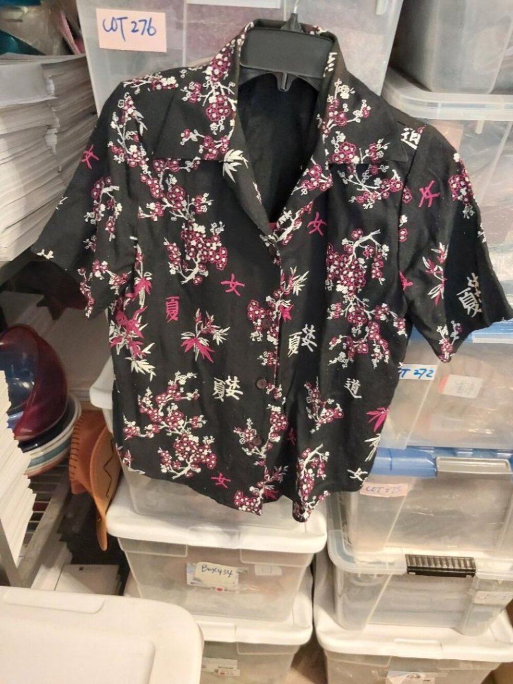 Vintage Women Japanese Inspired Cherry Blossome Burgundy Blouses On Black Sz SP